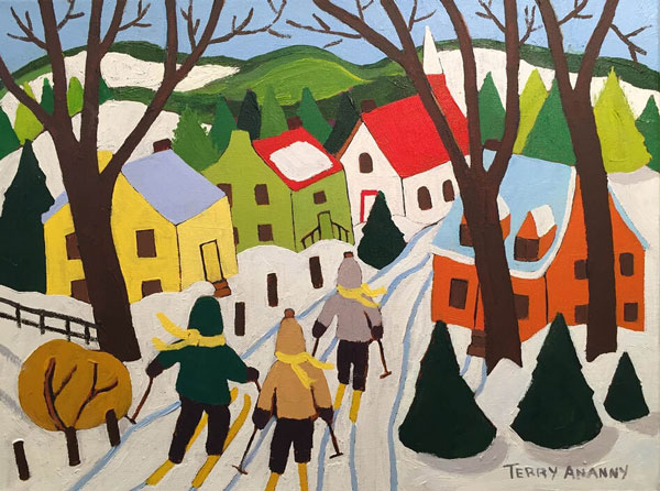 Painting of Children Skiing by Terry Ananny